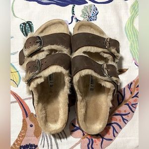 NWOT Arizona Big Buckle Shearling Birkenstock Sandals Habana Oiled Leather SZ 38